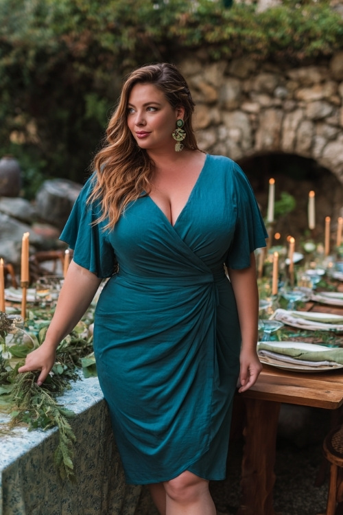 Full body of a plus-size woman in a jewel-toned teal wrap dress with flutter sleeves, midi length, and matching earrings 