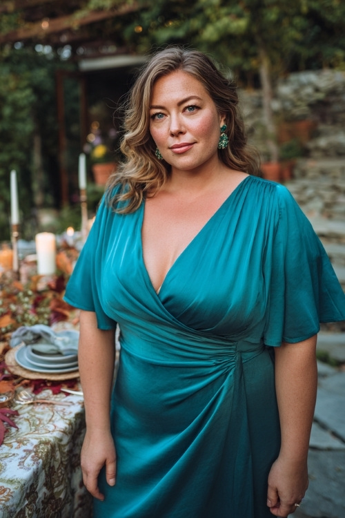 Full body of a plus-size woman in a jewel-toned teal wrap dress with flutter sleeves, midi length, and matching earrings
