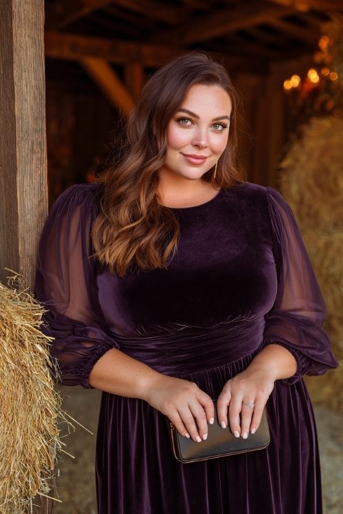 Full body of a plus-size woman in a plum velvet midi dress with sheer sleeves and a cinched waist, holding a clutch and posing beside hay bales at a cozy fall wedding