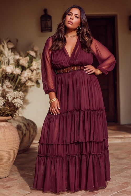 Full body of a plus-size woman in a wine-colored tiered maxi dress with long sheer sleeves and gold accessories 