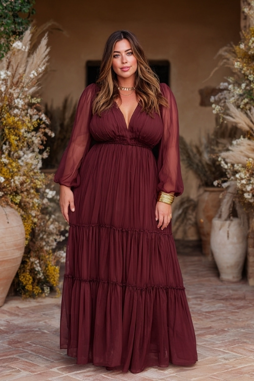 Full body of a plus-size woman in a wine-colored tiered maxi dress with long sheer sleeves and gold accessories