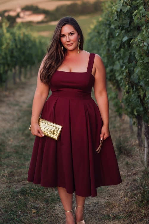 Full body of a plus-size woman in a wine red midi dress with a square neckline and flared hem, accessorized with a gold clutch and heels, standing beside a vineyard wedding aisle