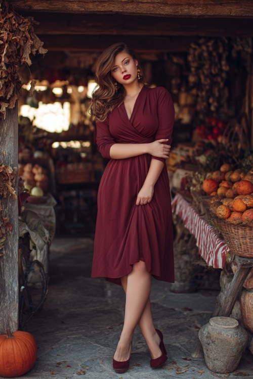Full body of a plus-size woman wearing a burgundy wrap midi dress with long sleeves and block heels, posing in a rustic outdoor venue surrounded by autumn leaves and pumpkins