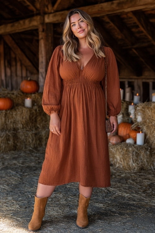 Full body of a plus-size woman wearing a cinnamon brown midi dress with smocked bodice and long balloon sleeves, paired with tan ankle boots and a crossbody bag 