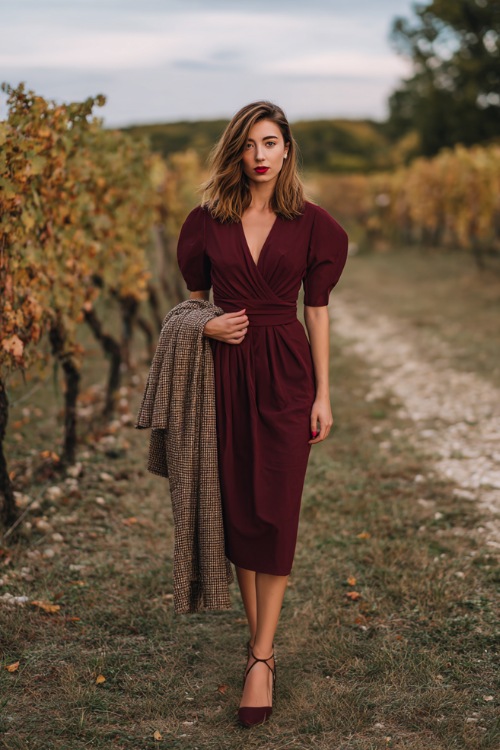 Full body of a woman in a burgundy midi-length wedding guest dress with elbow sleeves and subtle pleating, styled with block heels and a soft wool shawl