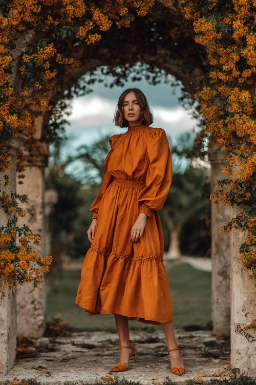 Full body of a woman in a burnt orange high-neck midi dress with balloon sleeves and ruffled hem, standing beneath an arch of golden leaves at an outdoor wedding 