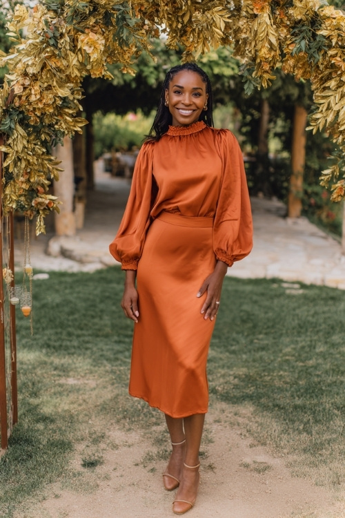 Full body of a woman in a burnt orange high-neck midi dress with balloon sleeves and ruffled hem, standing beneath an arch of golden leaves at an outdoor wedding