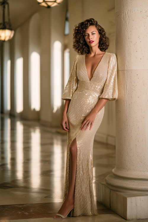 Full body of a woman in a champagne gold sequin evening gown with flutter sleeves and a deep v-neck, paired with soft curls and heels, posing in a high-ceiling ballroom with romantic lighting 