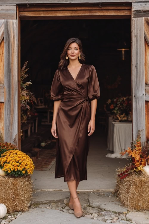 Full body of a woman in a chocolate brown satin midi wrap dress with subtle sheen and puff sleeves, wearing gold earrings and heels 