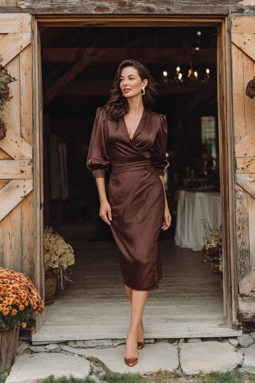 Full body of a woman in a chocolate brown satin midi wrap dress with subtle sheen and puff sleeves, wearing gold earrings and heels