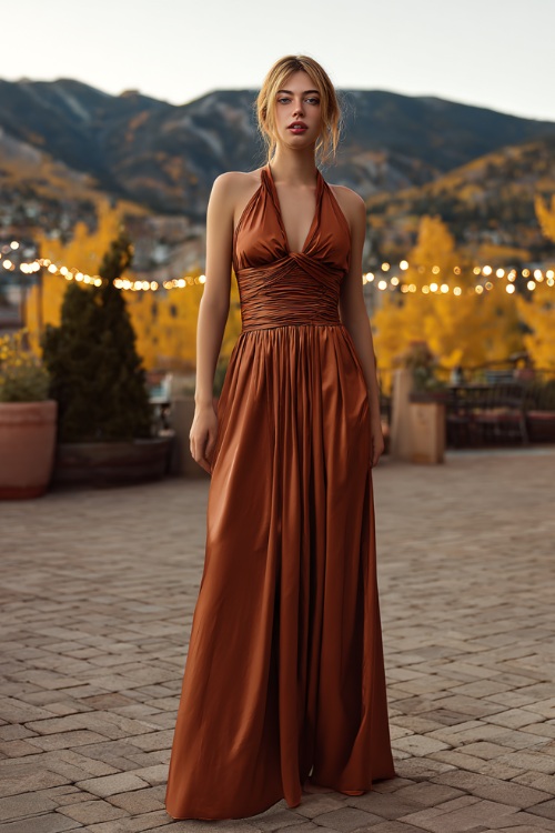 Full body of a woman in a copper satin halter gown with a cinched waist and delicate pleats, standing on a terraced patio with string lights and golden maple trees