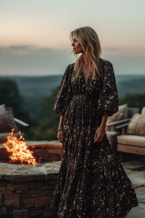 Full body of a woman in a dark floral midi dress with balloon sleeves and tiered skirt, standing near a firepit lounge at an outdoor fall wedding reception 