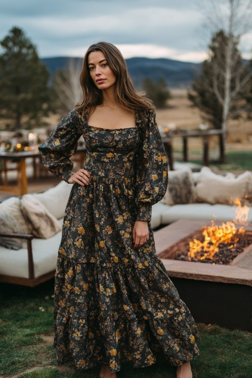 Full body of a woman in a dark floral midi dress with balloon sleeves and tiered skirt, standing near a firepit lounge at an outdoor fall wedding reception