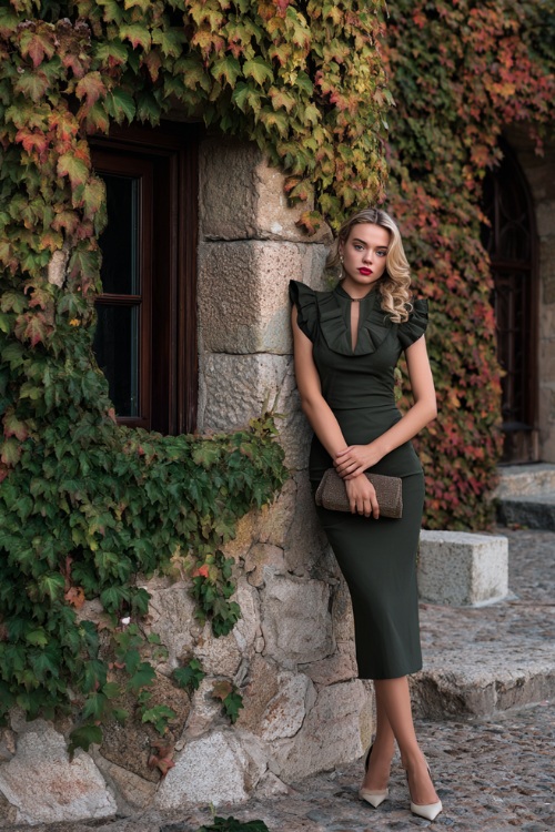 Full body of a woman in a dark olive midi dress with ruffled neckline and short sleeves, styled with simple heels and a clutch, posing in front of an old stone villa with early fall ivy