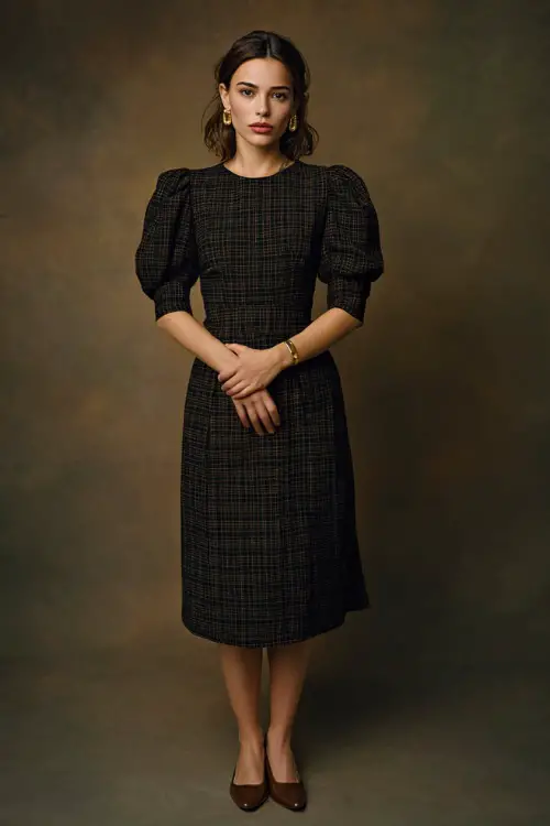 Full-body of a woman in a dark plaid wool dress with a fitted waist and subtle puff shoulders, styled with leather flats and gold earrings, soft fall-toned background 