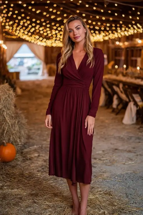 Full body of a woman in a deep burgundy long sleeve midi dress with a cinched waist, modest v-neckline, and flowy hem 