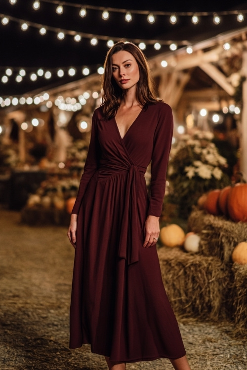 Full body of a woman in a deep burgundy long sleeve midi dress with a cinched waist, modest v-neckline, and flowy hem