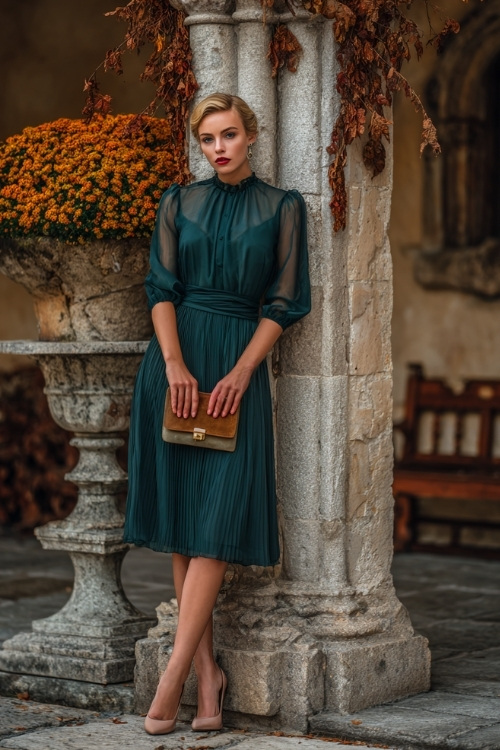 Full body of a woman in a deep green chiffon midi dress with sheer sleeves and a pleated skirt, styled with classic pumps and a clutch 