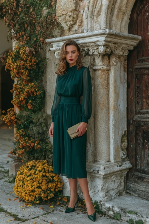 Full body of a woman in a deep green chiffon midi dress with sheer sleeves and a pleated skirt, styled with classic pumps and a clutch