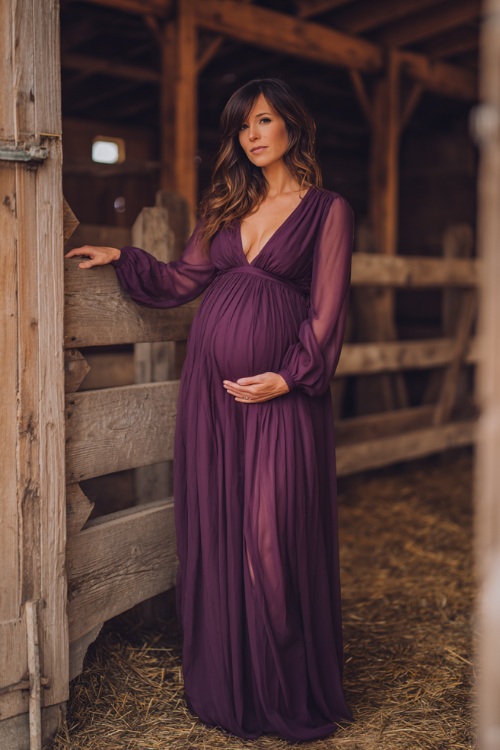 Full body of a woman in a deep purple empire waist maxi dress with sheer sleeves and soft neckline, gently cradling her bump, standing at a romantic fall barn venue 