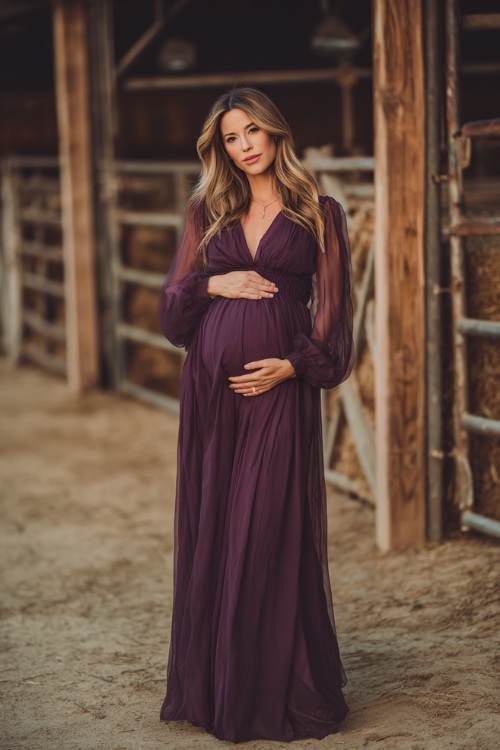 Full body of a woman in a deep purple empire waist maxi dress with sheer sleeves and soft neckline, gently cradling her bump, standing at a romantic fall barn venue