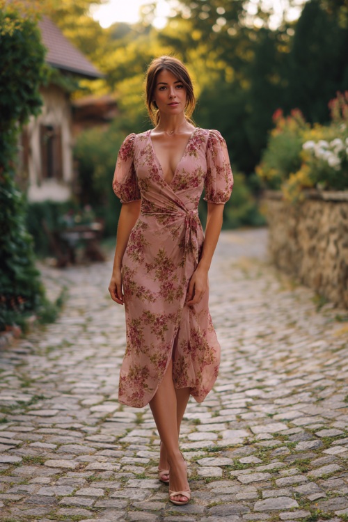 Full body of a woman in a dusty rose floral chiffon midi dress with short puff sleeves, wrap waist, and low heels, standing on a cobblestone path at a late summer garden wedding