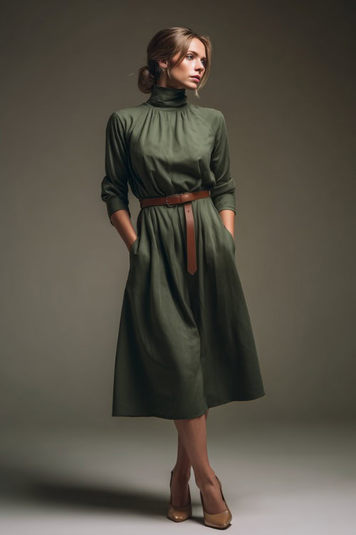 Full-body of a woman in a muted green pleated midi dress with a high neck and ribbon tie, styled with low-heeled pumps and a leather belt, studio background 