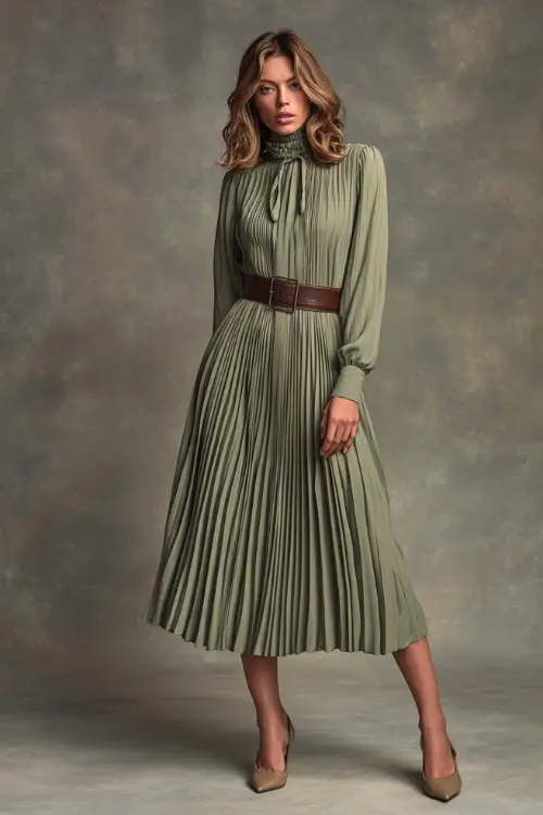 Full-body of a woman in a muted green pleated midi dress with a high neck and ribbon tie, styled with low-heeled pumps and a leather belt, studio background 