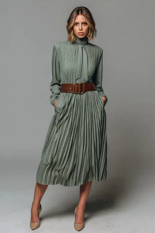 Full-body of a woman in a muted green pleated midi dress with a high neck and ribbon tie, styled with low-heeled pumps and a leather belt, studio background