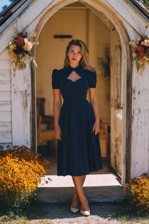 Full body of a woman in a navy blue midi-length A-line dress with short sleeves and keyhole neckline, paired with beige pumps 