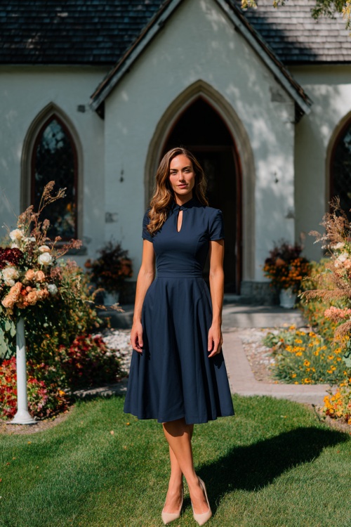 Full body of a woman in a navy blue midi-length A-line dress with short sleeves and keyhole neckline, paired with beige pumps