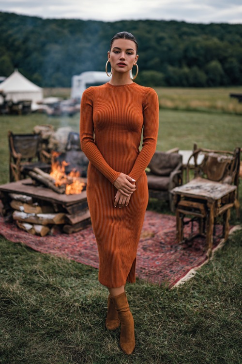 Full body of a woman in a rust-orange long sleeve ribbed midi dress with heeled boots and hoop earrings, standing beside a bonfire lounge setup at a fall wedding 
