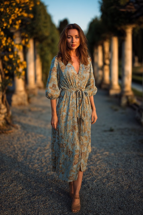 Full body of a woman in a soft blue and beige printed midi dress with three-quarter sleeves and sash waist, standing on a gravel path with floral pillars and golden hour lighting 