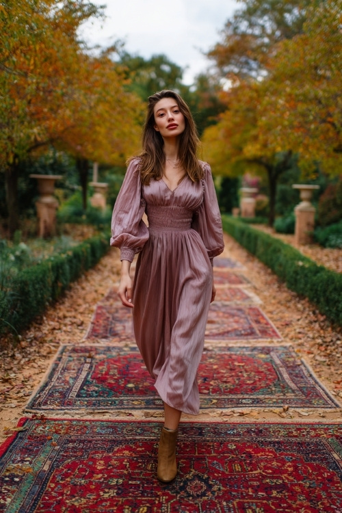 Full body of a woman in a soft mauve chiffon dress with long bishop sleeves and a smocked waist, walking through a garden aisle lined with fall leaves and vintage rugs 
