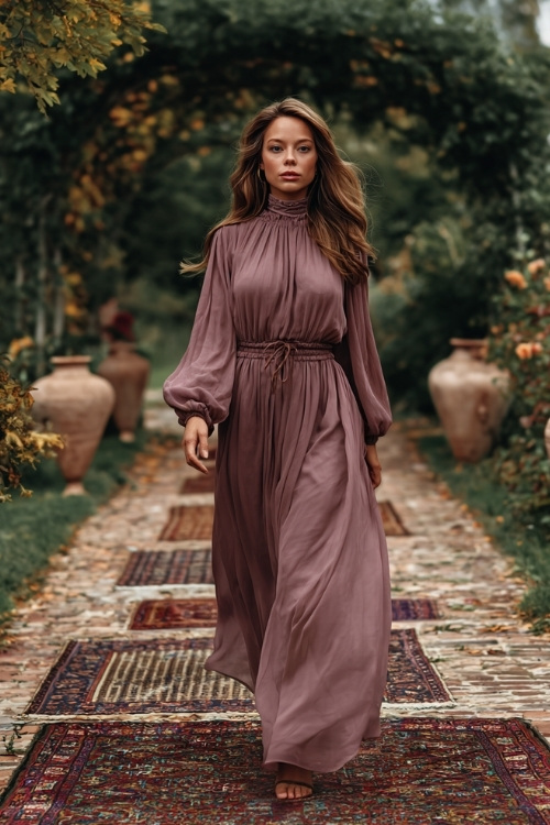 Full body of a woman in a soft mauve chiffon dress with long bishop sleeves and a smocked waist, walking through a garden aisle lined with fall leaves and vintage rugs