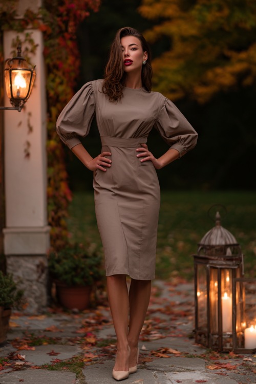 Full body of a woman in a taupe lantern-sleeve midi dress with a high waistline and classic pumps, posing near a candlelit patio with fall leaves on the ground