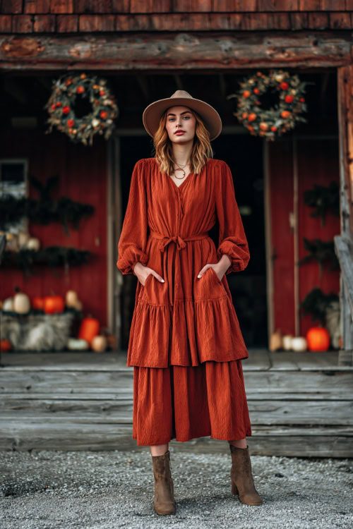 Full body of a woman in a terracotta tiered midi dress with long sleeves, styled with ankle boots and a felt hat, standing near a barn wedding with fall wreaths 