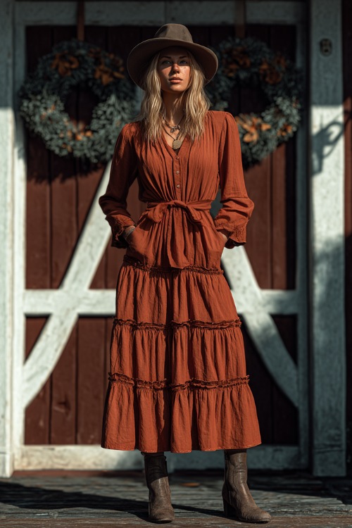Full body of a woman in a terracotta tiered midi dress with long sleeves, styled with ankle boots and a felt hat, standing near a barn wedding with fall wreaths
