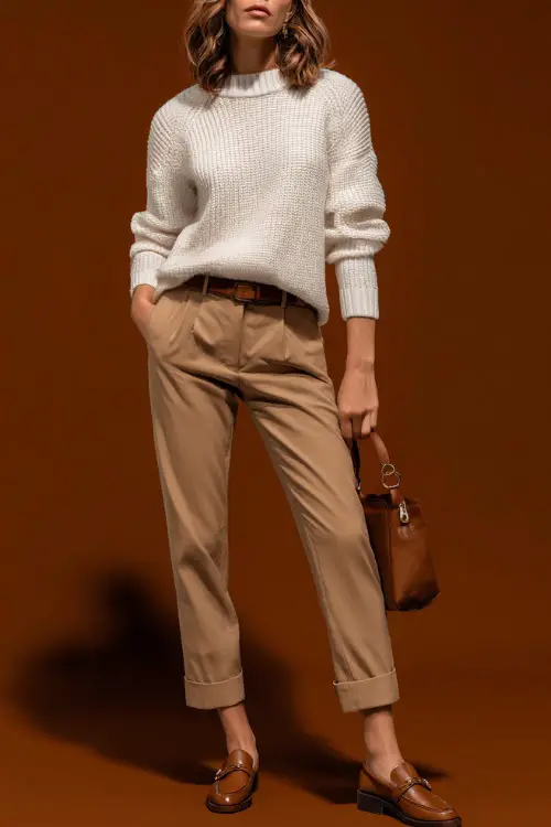 Full-body of a woman in soft beige trousers and a white knit sweater with structured shoulders, paired with tan loafers and subtle accessories, posed in studio