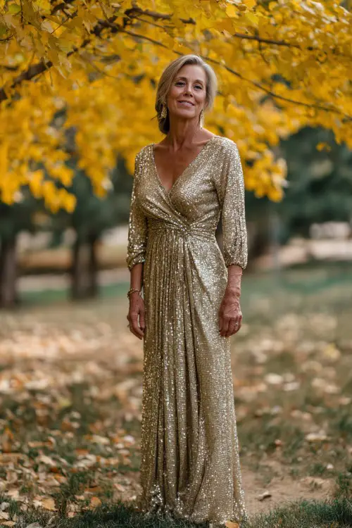 Full body of a woman over 50 in a bronze sequin-embellished gown with modest neckline and flowing skirt, standing beneath golden fall trees near a ceremony aisle