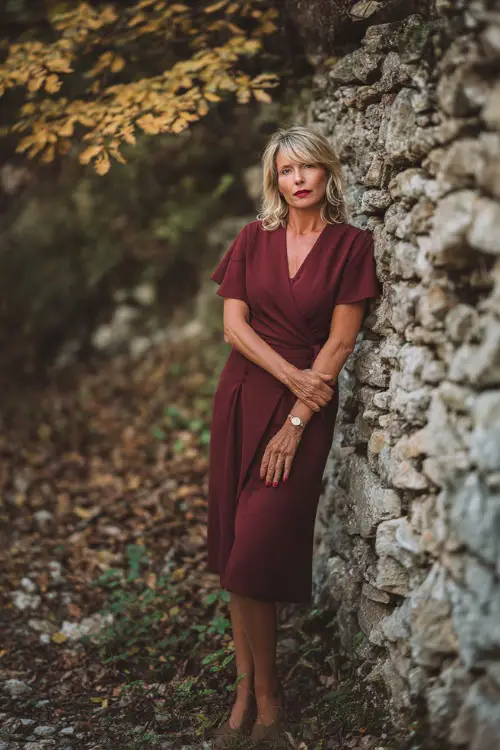 Full body of a woman over 50 in a burgundy midi dress with flutter sleeves and V-neckline, standing beside a rustic stone wall with golden leaves 