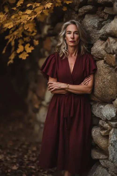 Full body of a woman over 50 in a burgundy midi dress with flutter sleeves and V-neckline, standing beside a rustic stone wall with golden leaves