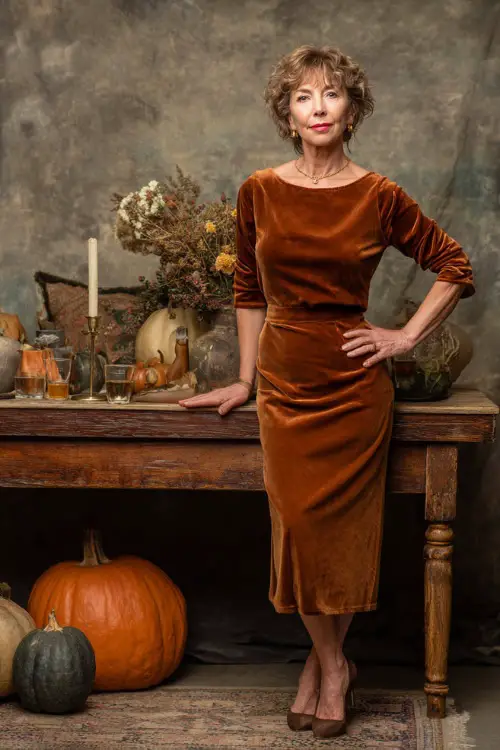 Full body of a woman over 50 in a burnt sienna velvet dress with three-quarter sleeves and midi hemline, posing near vintage wedding decor with candles and pumpkins 