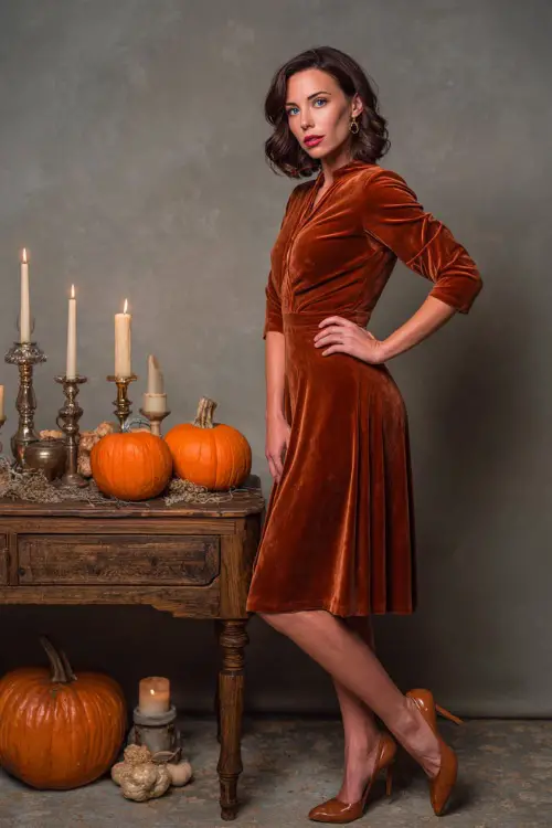 Full body of a woman over 50 in a burnt sienna velvet dress with three-quarter sleeves and midi hemline, posing near vintage wedding decor with candles and pumpkins