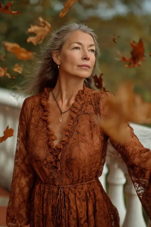 Full body of a woman over 50 in a cinnamon lace overlay dress with long sleeves and slight shimmer, standing on a terrace with October leaves swirling around 