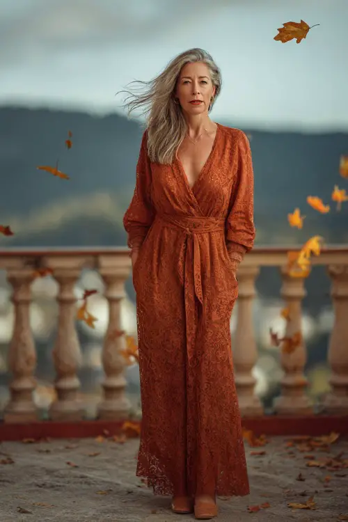 Full body of a woman over 50 in a cinnamon lace overlay dress with long sleeves and slight shimmer, standing on a terrace with October leaves swirling around 