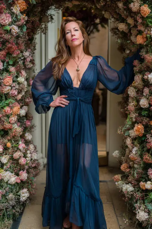 Full body of a woman over 50 in a deep blue chiffon dress with flutter hem and illusion sleeves, posing near a romantic floral arch 