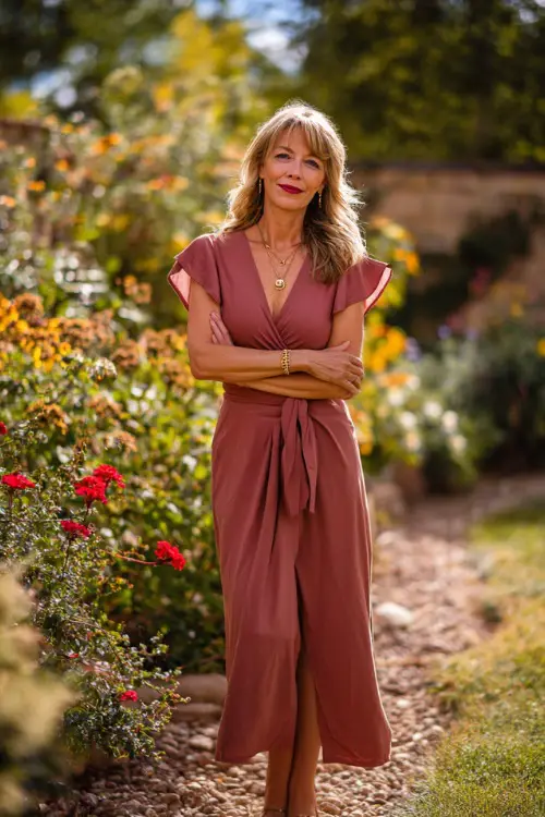 Full body of a woman over 50 in a light burgundy midi dress with short flutter sleeves and flowy hem, standing in a sunlit garden with soft fall florals 