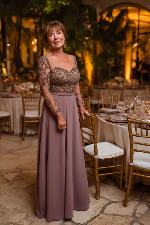 Full body of a woman over 50 in a mauve A-line gown with beaded bodice and sheer sleeves, posing near an elegant outdoor reception setup with gold chairs and warm lighting 