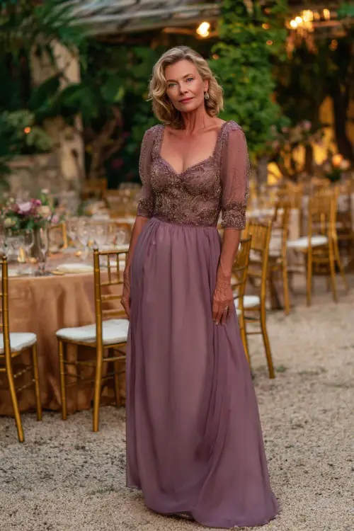 Full body of a woman over 50 in a mauve A-line gown with beaded bodice and sheer sleeves, posing near an elegant outdoor reception setup with gold chairs and warm lighting 